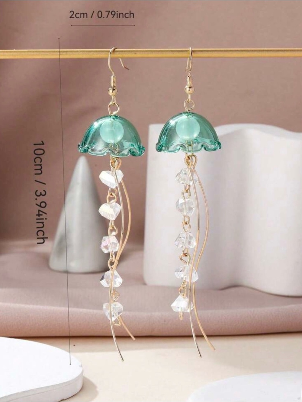 Sea Glass Blue Jellyfish Dangle Earrings with Gold Accents - Picture 5 of 6